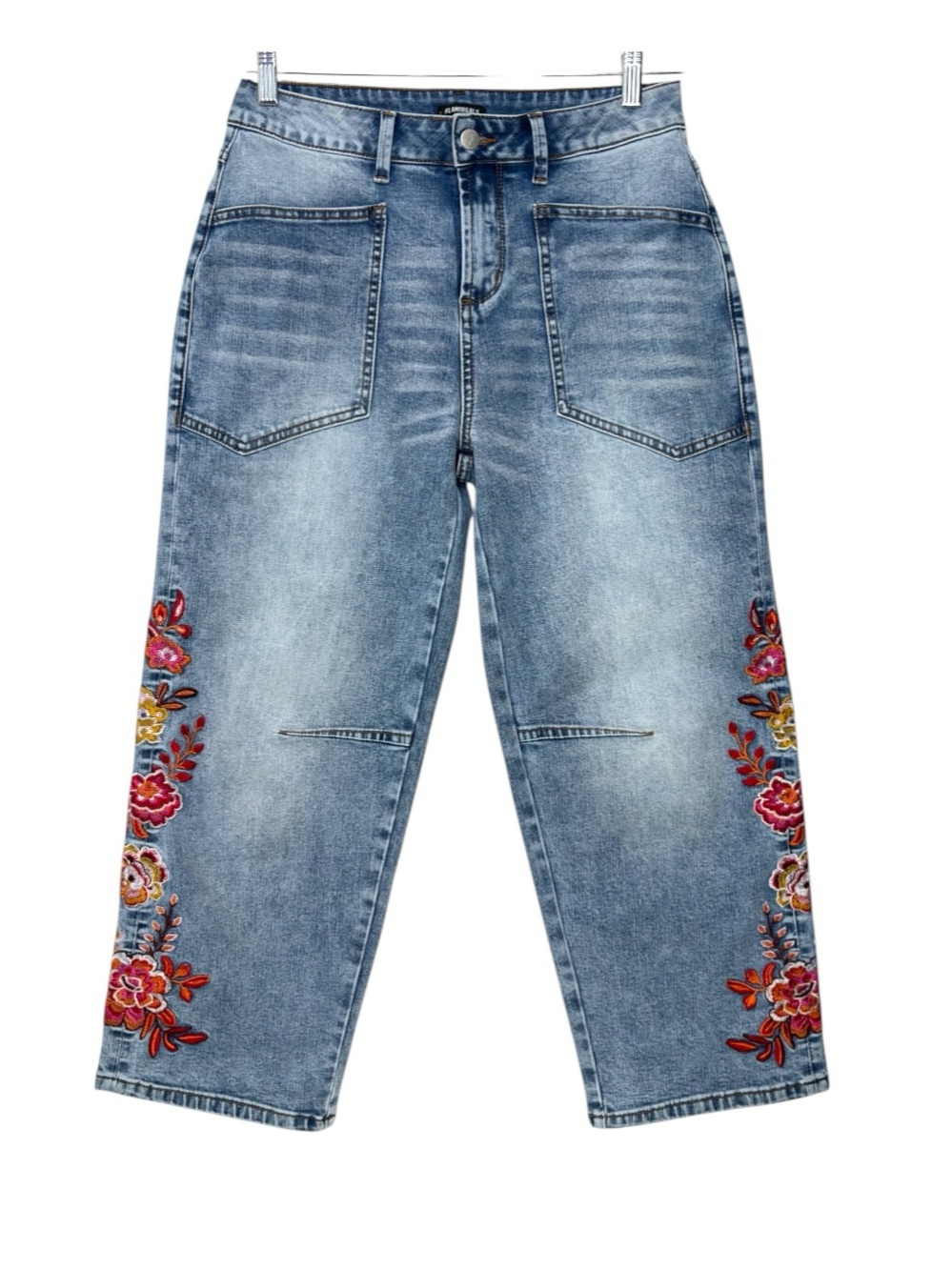 NWOT Boho Embroidery Curved Barrel Leg Cropped Horseshoe Jeans Size M FLAMINGALS - Picture 3 of 11